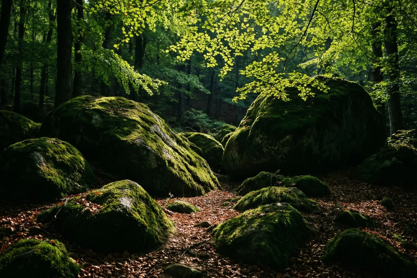 Bemoste rotsblokken liggen verspreid op een bosbodem onder felgroene beukenbladeren, met zonlicht dat door de bomen valt.