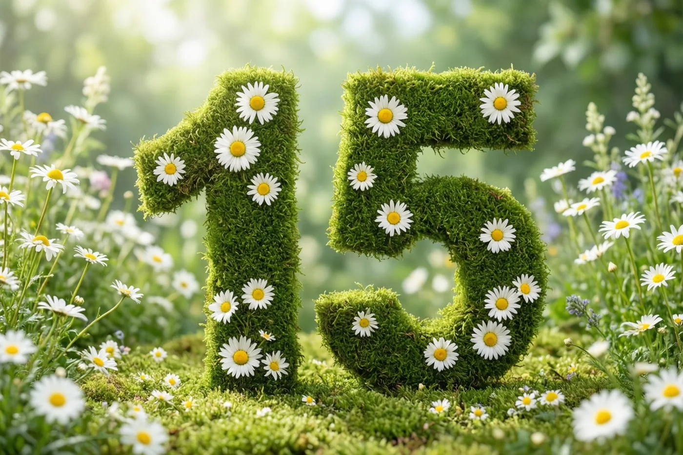 Een bemoste groene haag vormt 15 en is versierd met witte madeliefjes met gele hartjes in een landelijke tuin met een onscherpe achtergrond.