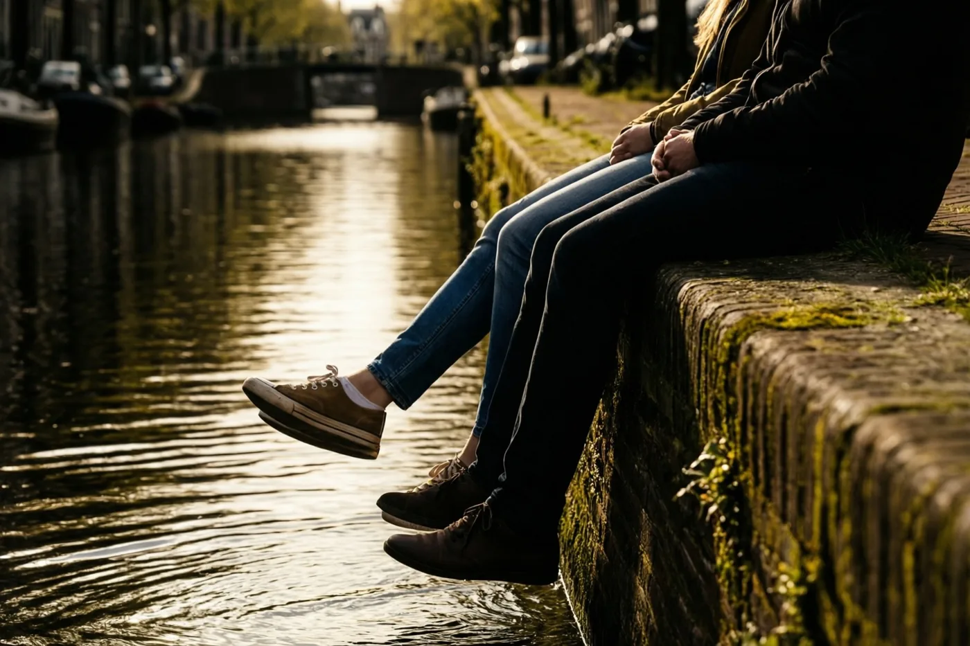 Twee mensen zitten naast elkaar op een bemoste stenen kaai met hun benen en zichtbare schoenen boven een rustig kanaal, waarin warm goudkleurig zonlicht weerspiegelt.