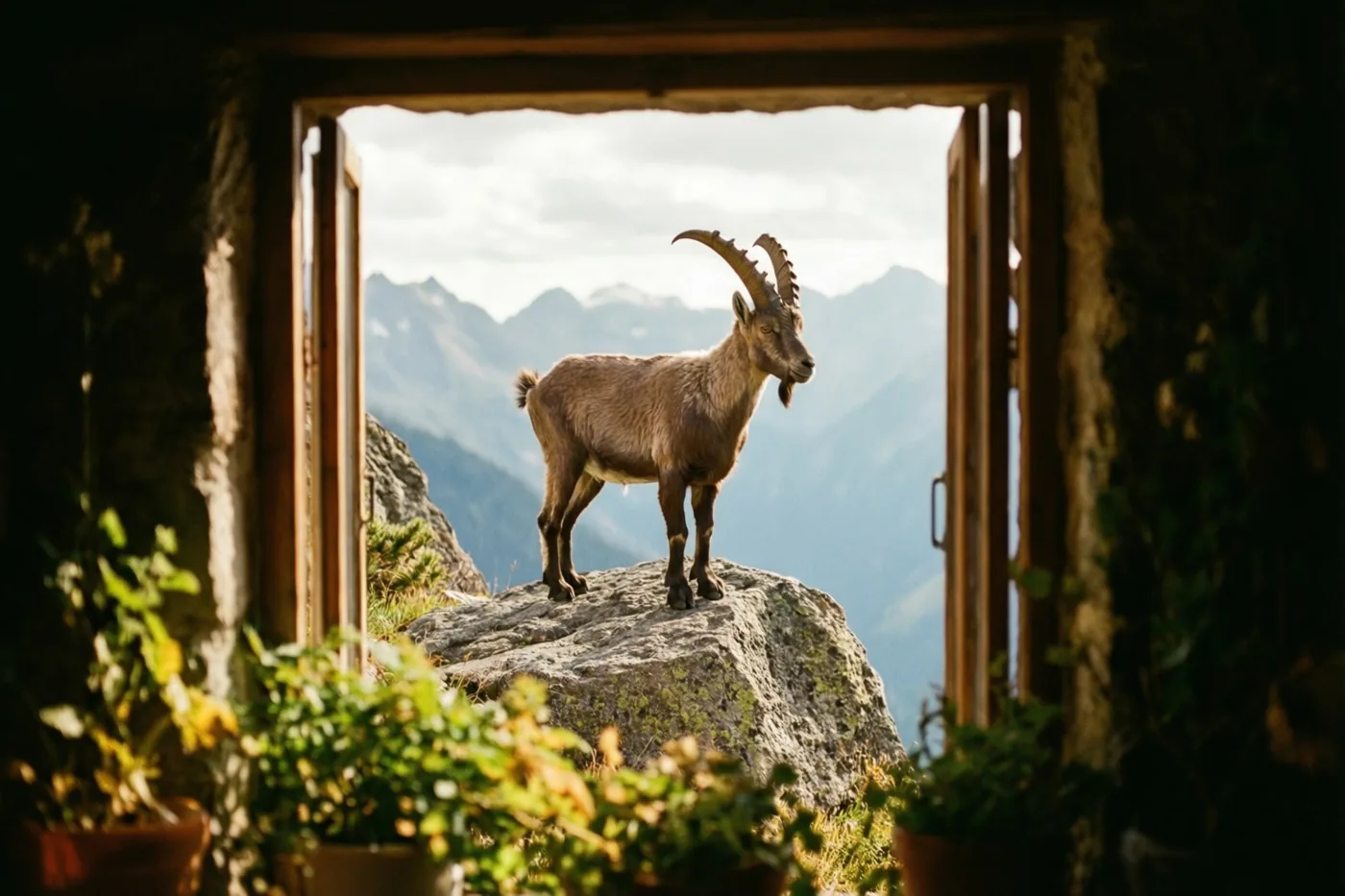 Door een open houten raam is een berggeit met gebogen hoorns op een grote rots te zien, met groene planten vooraan en bergen onder een bewolkte hemel achteraan.