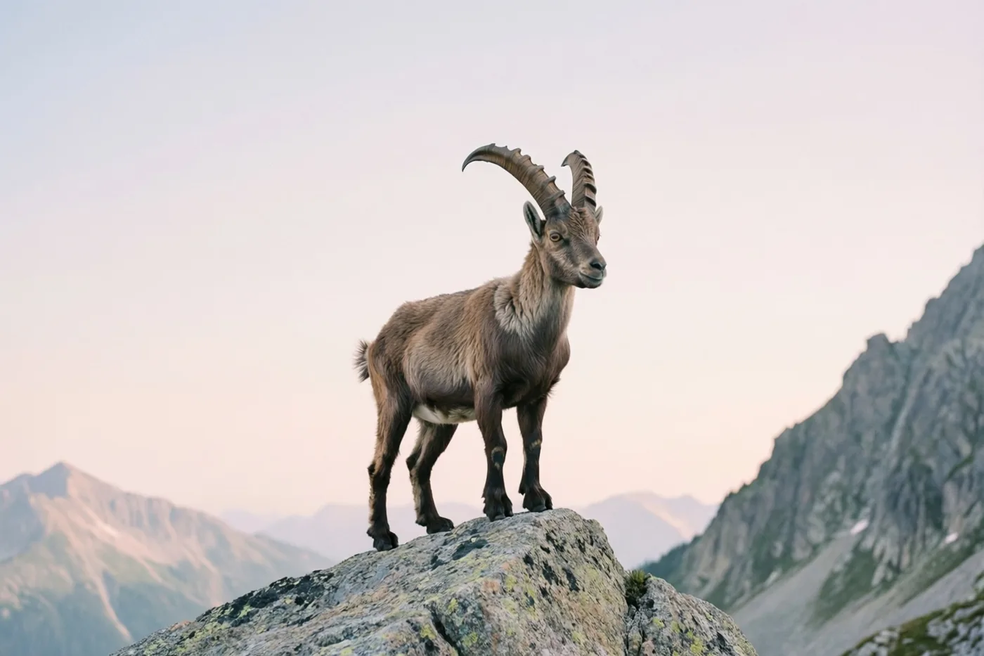 Een berggeit met gebogen hoorns staat alert op een uitstekende rots in zacht, warm licht, met bergen in de verte.