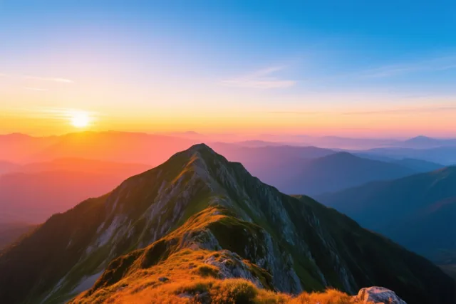 Bij zonsopgang kijkt een bergkam uit over bergketens achter elkaar, met oranje en geel rond de zon en blauwe en paarse tinten in de lucht en de verre toppen.