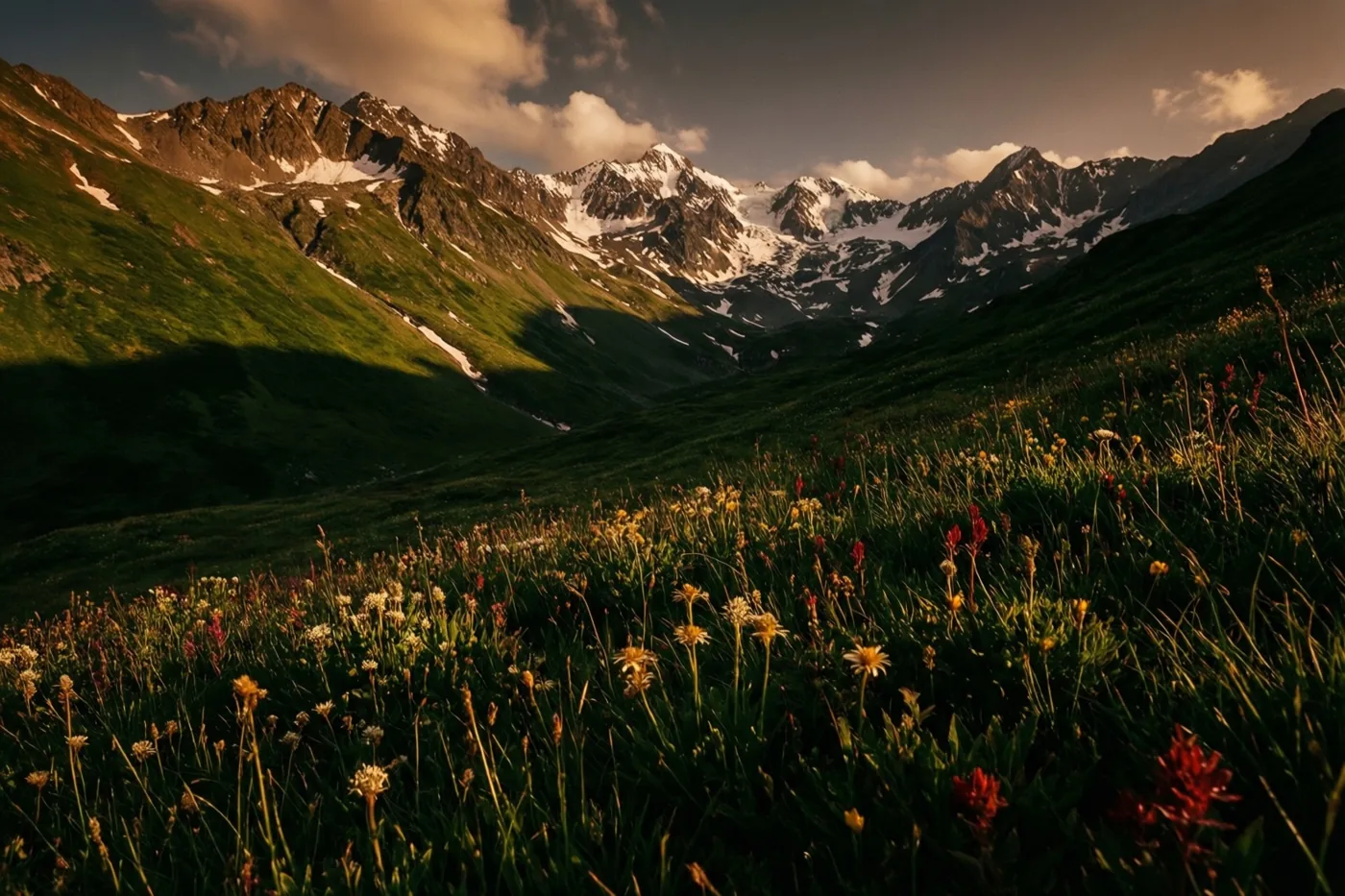 Groene bergweiden met wilde bloemen liggen voor besneeuwde toppen onder een indrukwekkende lucht, met goudkleurig licht op delen van het landschap.