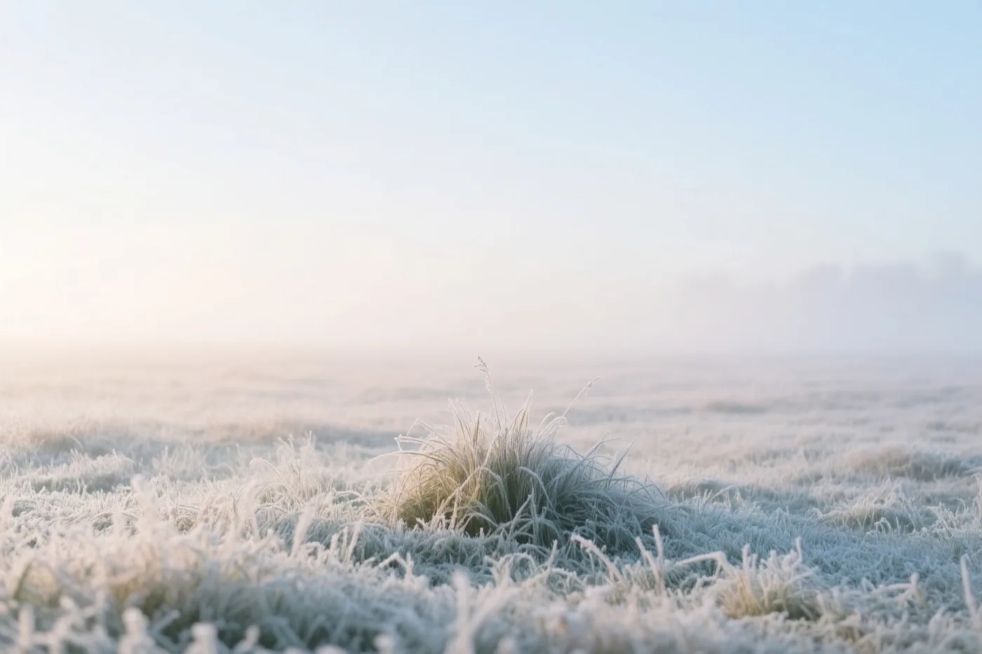 Een close-up toont berijpt gras in een weide onder een heldere winterochtendlucht, in witte en zachtblauwe tinten.