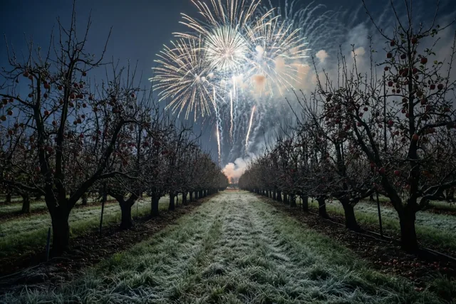 Rijen kale appelbomen omringen een berijpt pad onder een donkerblauwe nachthemel vol zilverkleurig vuurwerk.