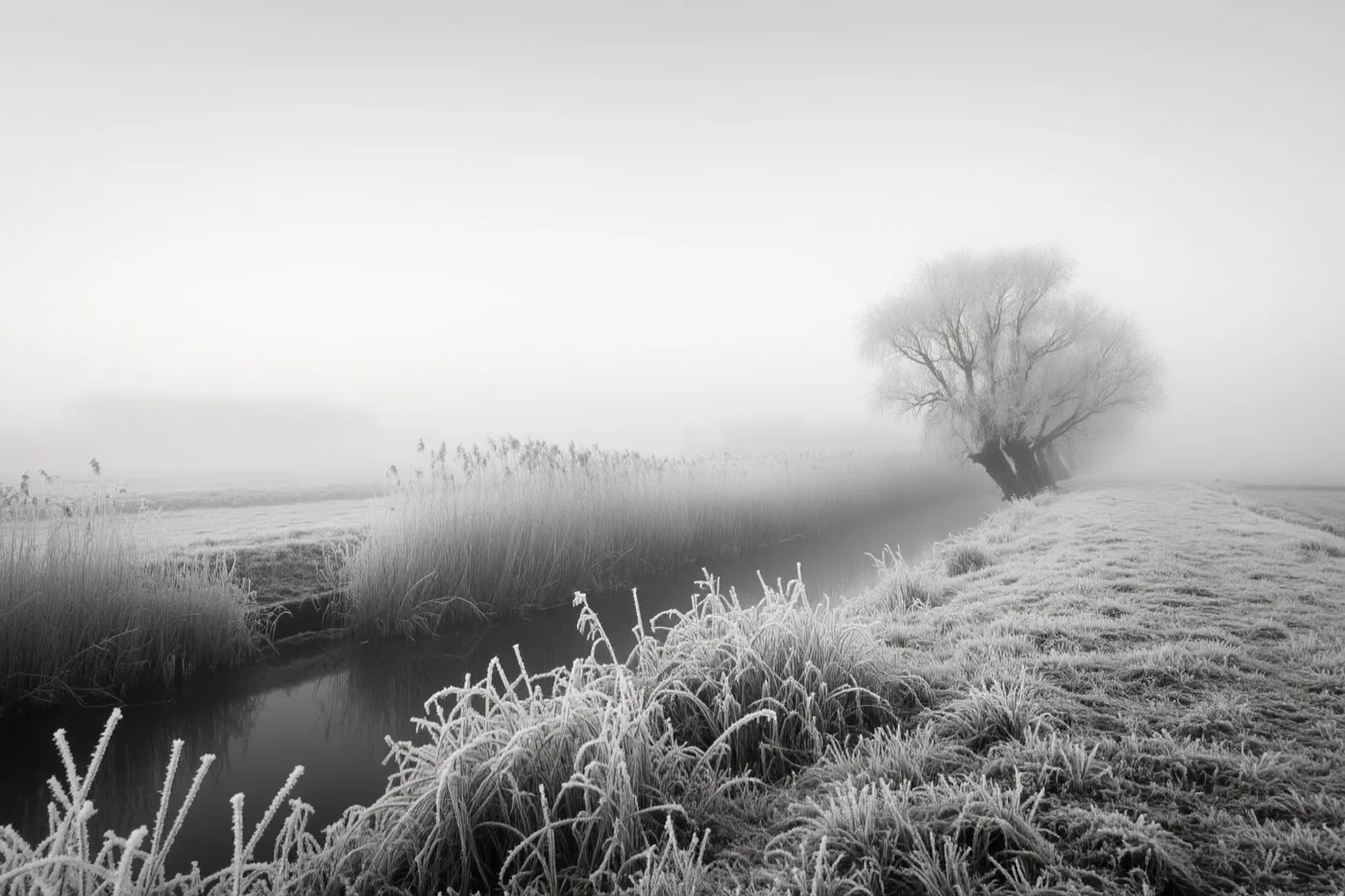 Een monochroom beeld toont een mistige winterochtend in de polders met rijp op gras en riet langs een waterloop.