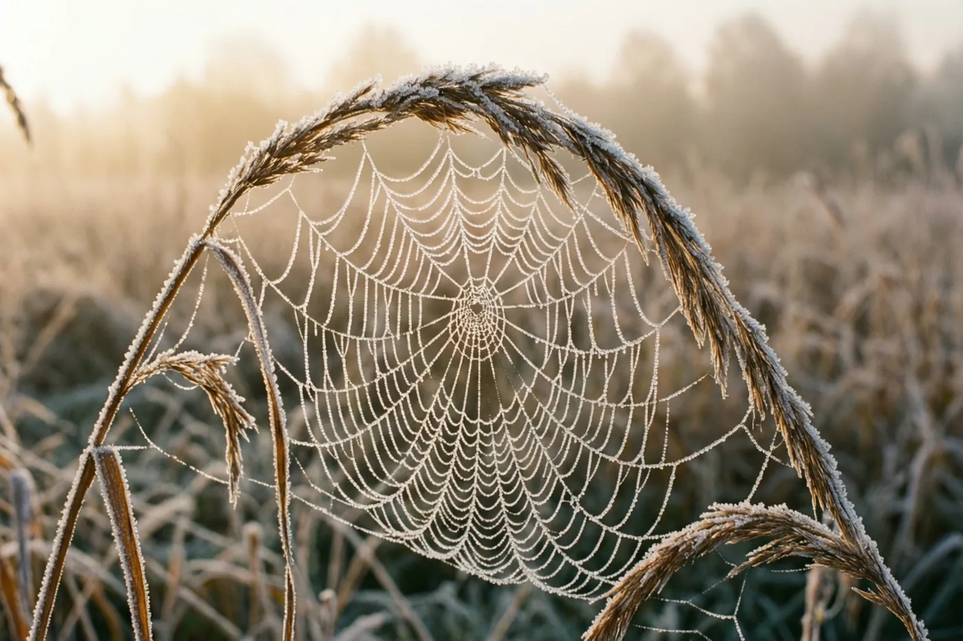 Een spinnenweb met rijp en ijskristallen hangt bij dageraad tussen droge grashalmen in zacht goud licht, met berijpte planten onscherp op de achtergrond.