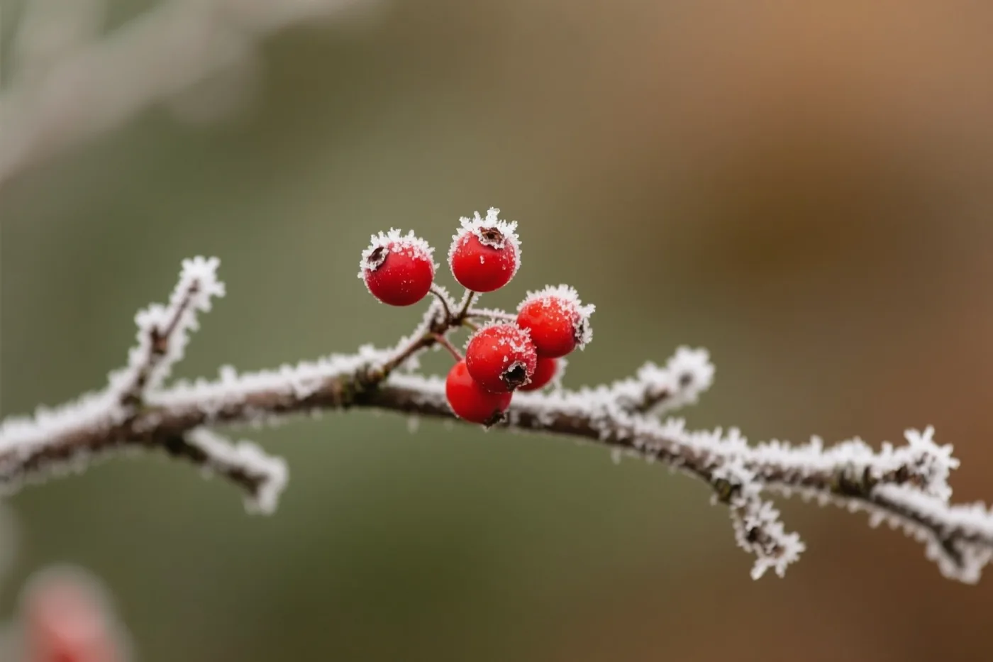 Felrode winterbessen en hun kale tak zijn bedekt met fijne rijp tegen een wazige groenbruine achtergrond.
