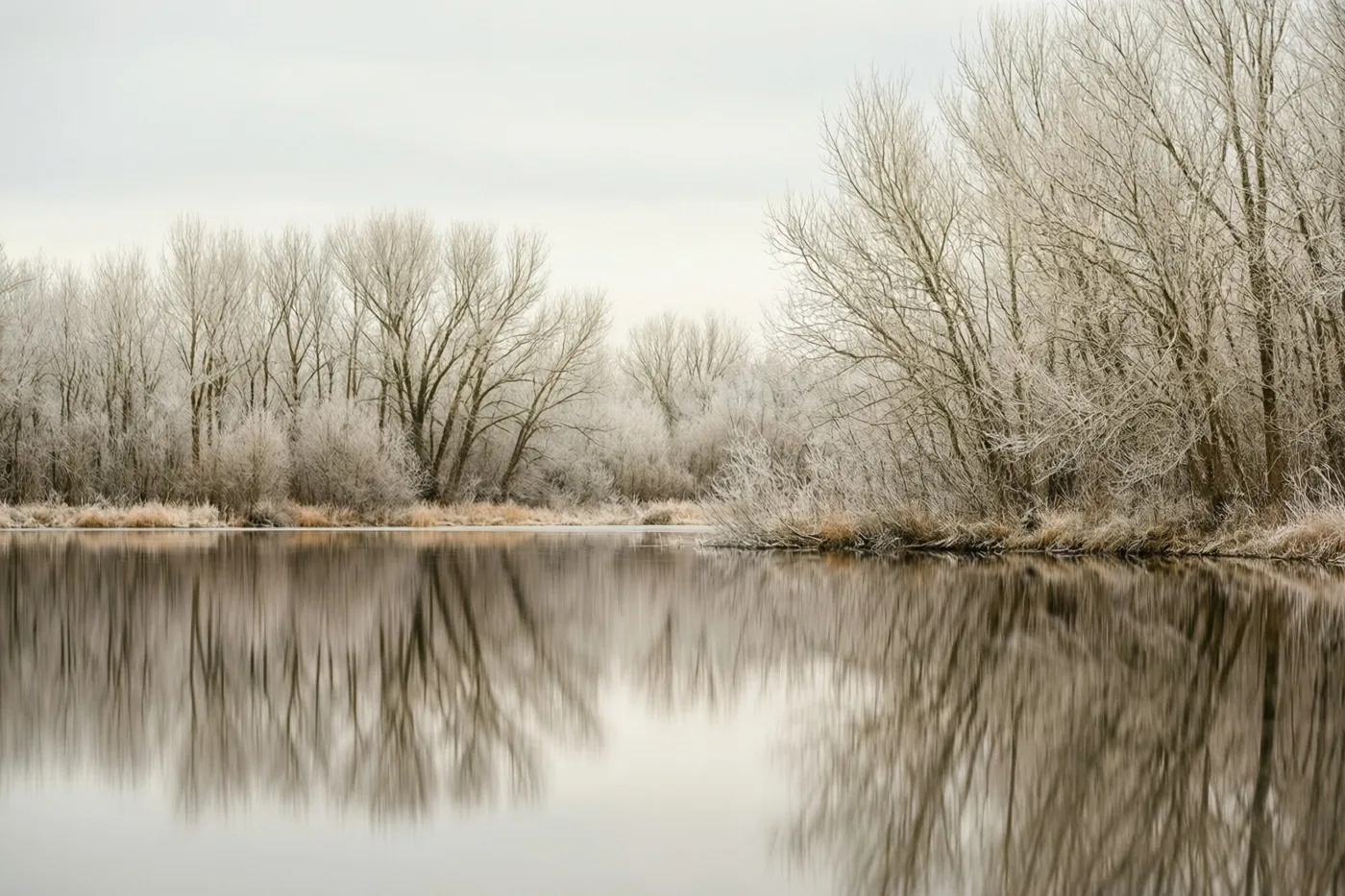 Kale winterbomen met rijp weerspiegelen in stil water onder een bleekgrijze hemel, in zachte witte, grijze en bruine tinten.