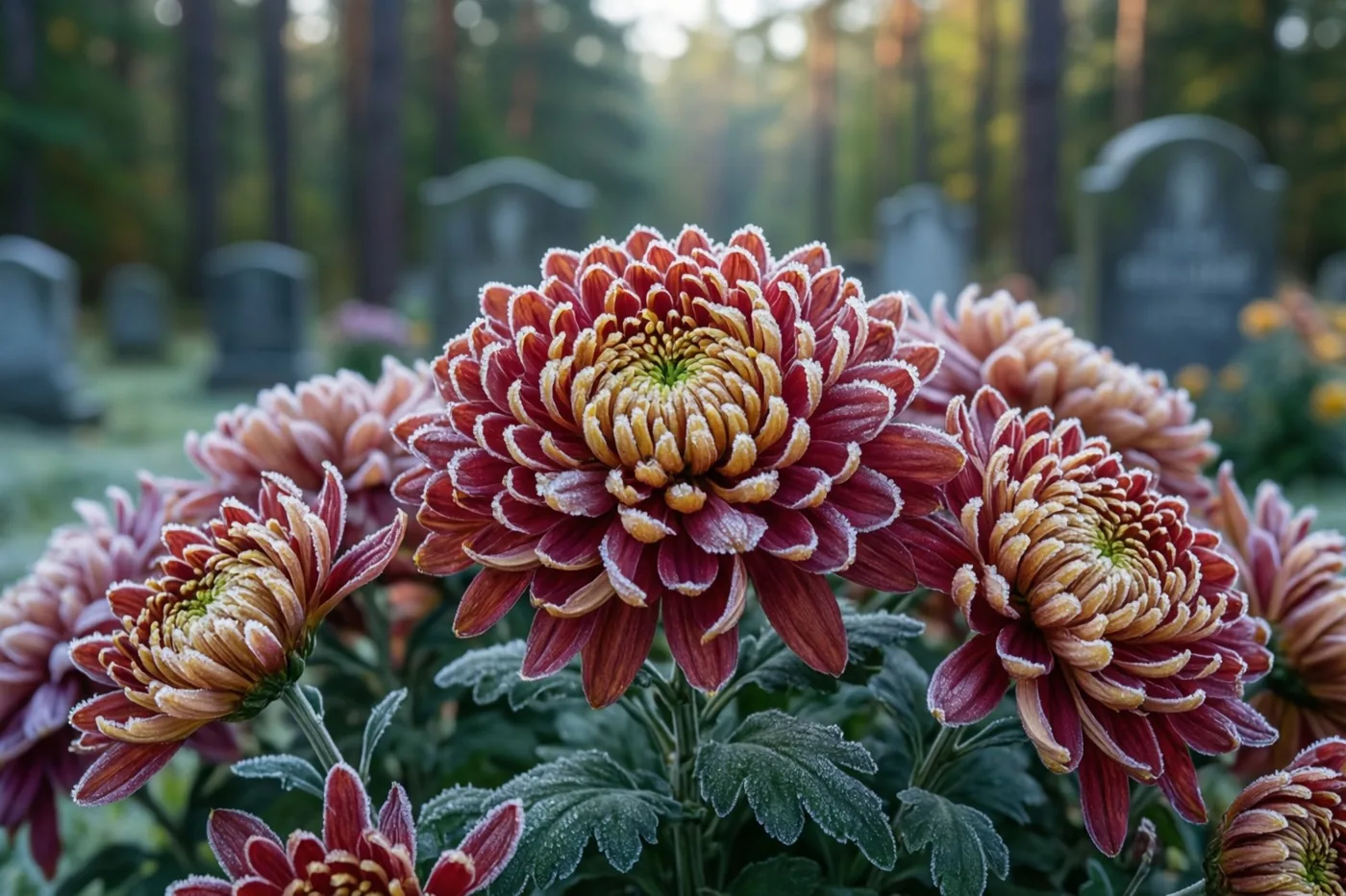 Chrysanten met rijp bloeien op een begraafplaats aan een bosrand, met grafstenen op de achtergrond en dieprode, gele en gedempt groene tinten.