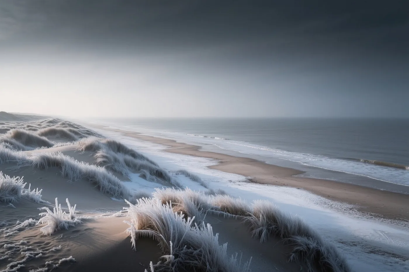 Een winters strand aan de Belgische kust ligt bij berijpte duinen en een kalme grijze zee onder een bewolkte lucht.