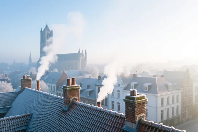 Berijpte daken en rokende schoorstenen in Gent liggen onder een heldere blauwe hemel, met een grote kerktoren op de achtergrond.