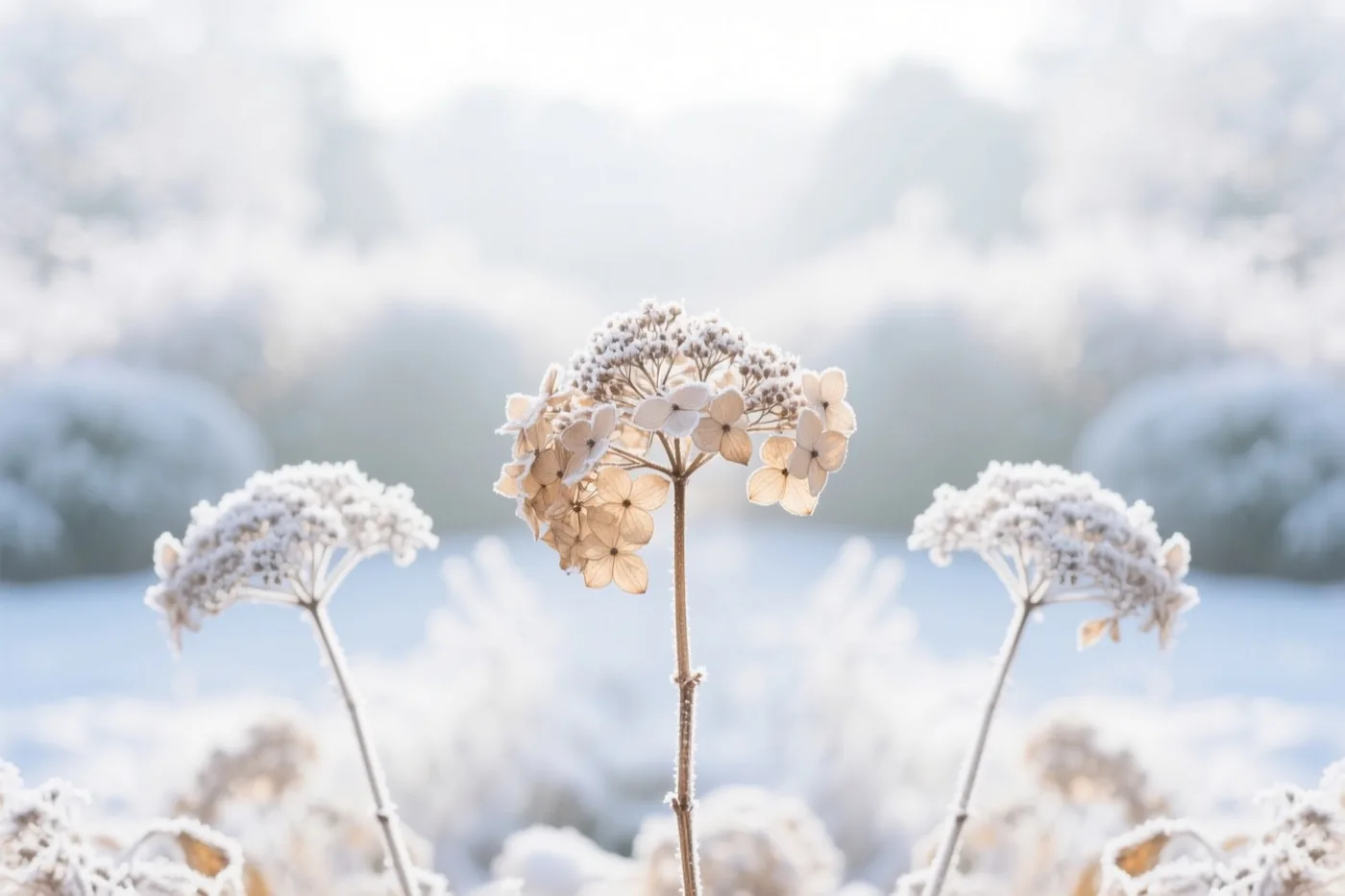 Berijpte, verdroogde bloemhoofden van hortensia's staan voor wazige, besneeuwde bladeren in witte en lichtbeige tinten.