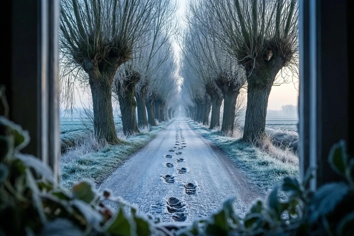 Door een raam is bij dageraad een met rijp bedekte polderweg met knotwilgen en voetafdrukken te zien, in koele blauwe en witte tinten.