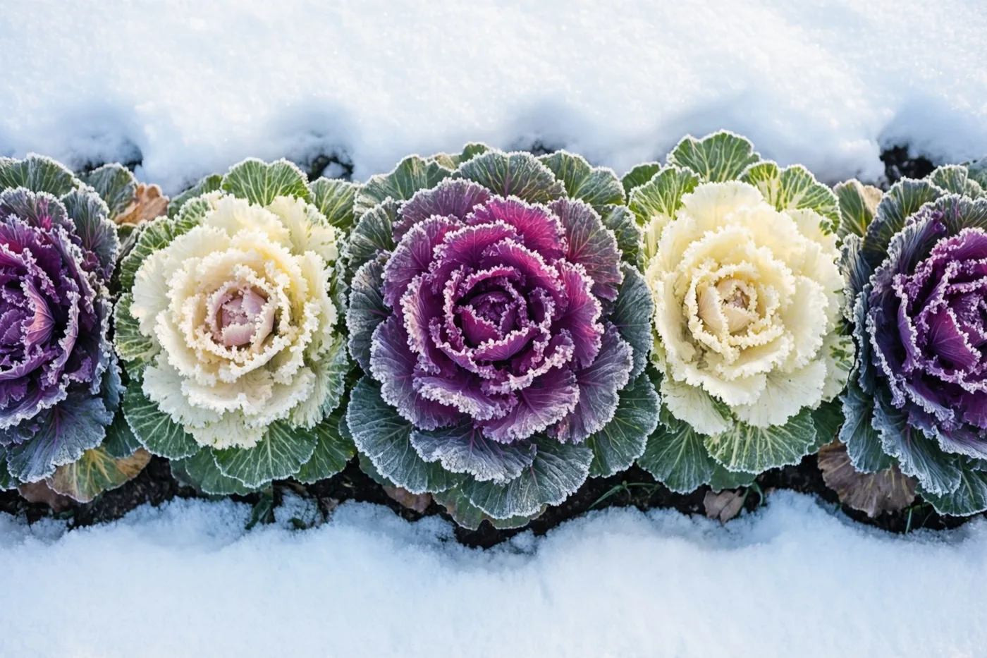Een rij paarse en crèmekleurige sierkolen met berijpte bladeren staat in een winterborder met sneeuw langs de rand.