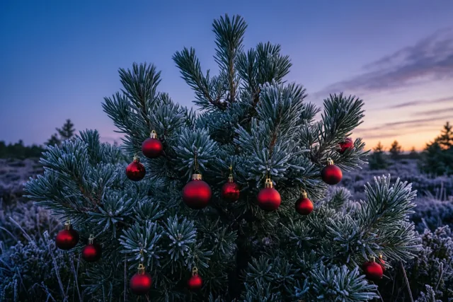 Rode kerstballen in de avondkou