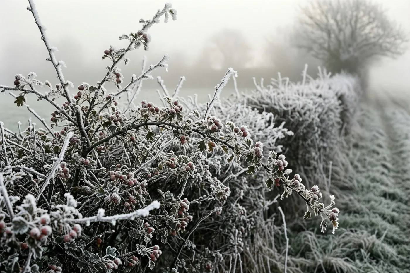 Een close-up toont meidoorntakjes en bessen met een dikke laag rijp tegen een achtergrond van aanvriezende mist, in wit, grijs en zachtrood.