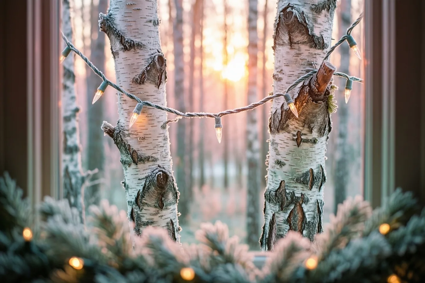 Door een raam is een lichtslinger tussen twee berkenstammen in een berijpt bos bij zonsopgang te zien, met onscherpe groenblijvende takken op de voorgrond.