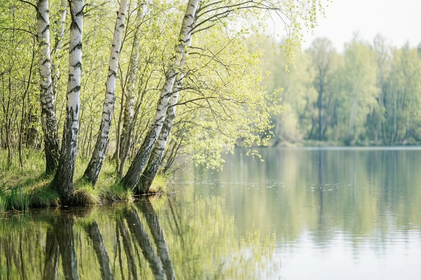 Berken met fris lichtgroen blad langs de oever weerspiegelen in een kalm meer in zacht natuurlijk licht.