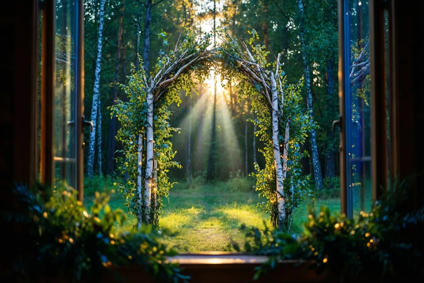 Door een open raam is een trouwboog van berkentakken te zien op een open plek in het bos met gouden zonnestralen, groen loof en witte berkenschors.