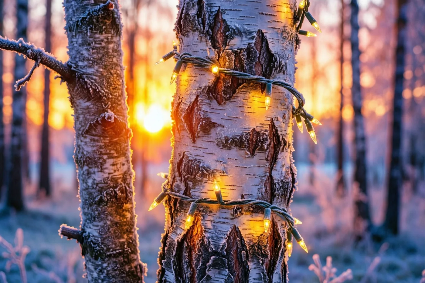 Berkenstammen met rijp staan in een bos met lichtslingers tussen de bomen in het gouden licht van de opkomende zon.