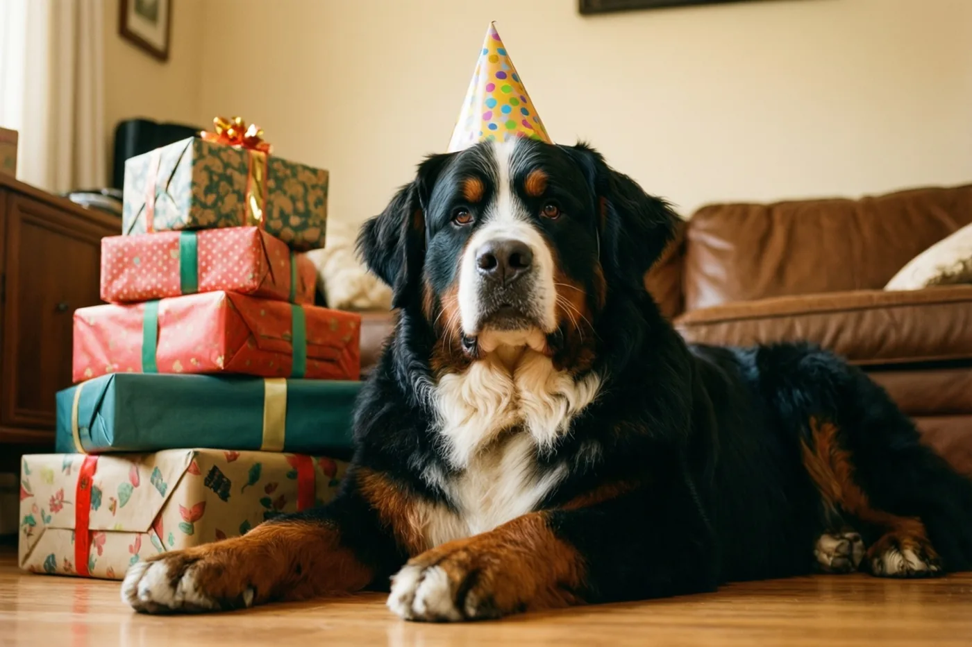 Een berner sennenhond met een kleurrijk feesthoedje ligt op een houten vloer naast gestapelde cadeaus in een warm verlichte woonkamer met een bruine leren zetel.