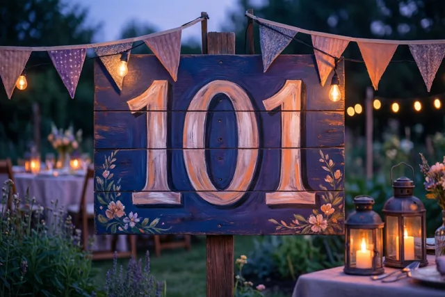 Een houten bord met 101 en geschilderde bloemmotieven staat bij schemering in een tuin met lichtslingers, vlaggetjes, lantaarns en kaarsen.