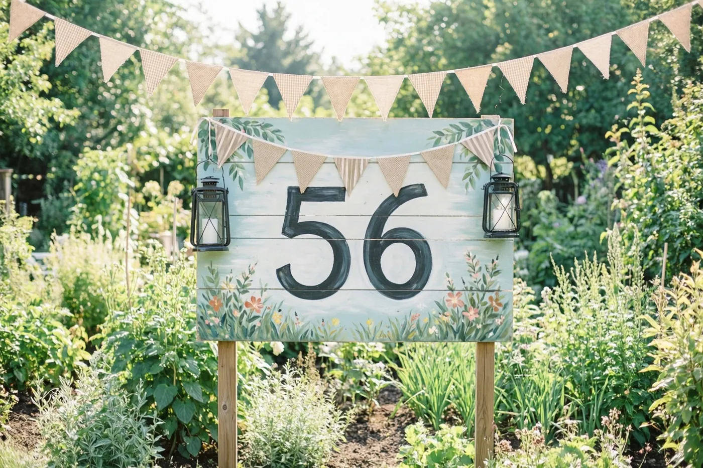 Een beschilderd houten bord met 56 staat in een weelderige tuin met vlaggetjes en lantaarns in helder zonlicht.