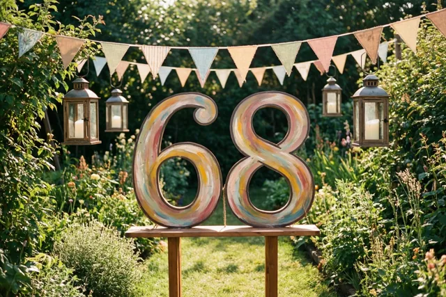 Een groot beschilderd houten bord met 68 staat op een houten standaard in een groene tuin met kleurrijke vlaggetjes en hangende lampionnen.