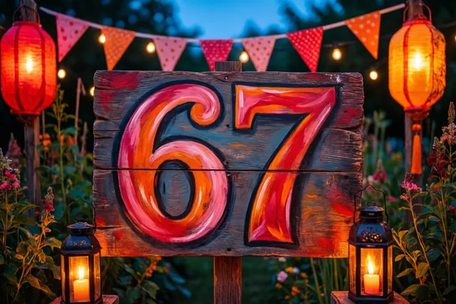 Een houten bord met een kleurrijk geschilderd getal 67 staat bij schemering in een tuin tussen lichtslingers, vlaggetjes en brandende lampionnen.