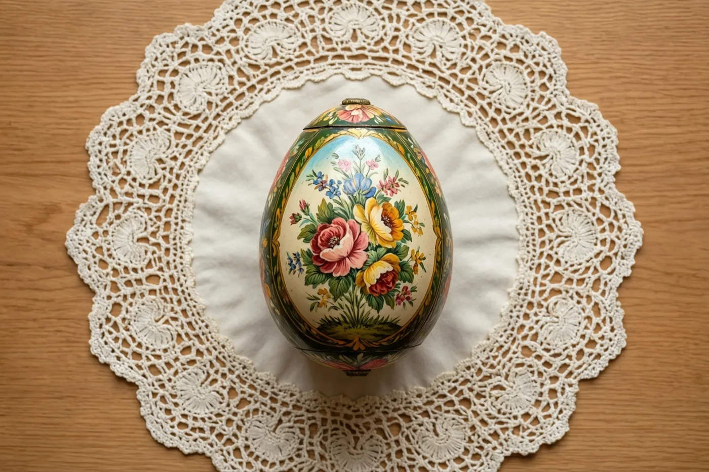 Een handbeschilderde paaseivormige doos van papier-maché met bloemen staat op een wit kanten kleedje op licht hout.