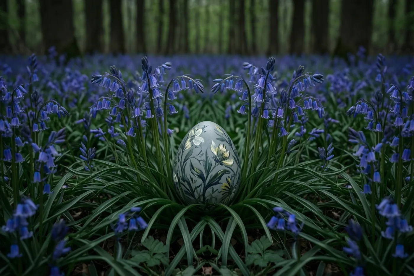 Een paasei met geschilderde bloemmotieven ligt tussen blauwe boshyacinten in een lentebos met hoge bomen op de achtergrond.