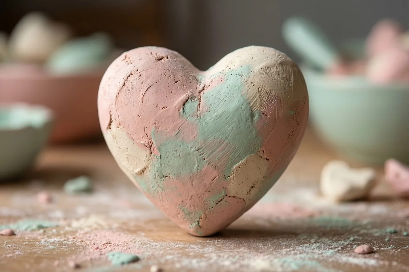 Een handgemaakt hart van klei met roze en blauwgroene verf ligt op een houten keukentafel met verspreid kleistof.
