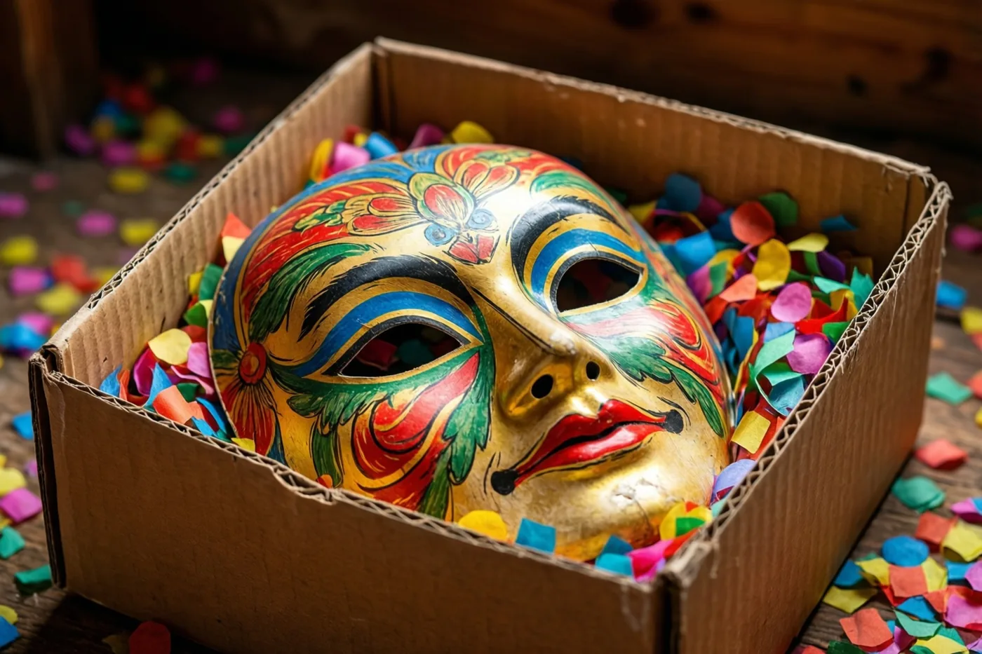 Een felbeschilderd oud masker ligt in een kartonnen doos met kleurrijke confetti op een houten oppervlak, met vooral gouden, rode en groene tinten.