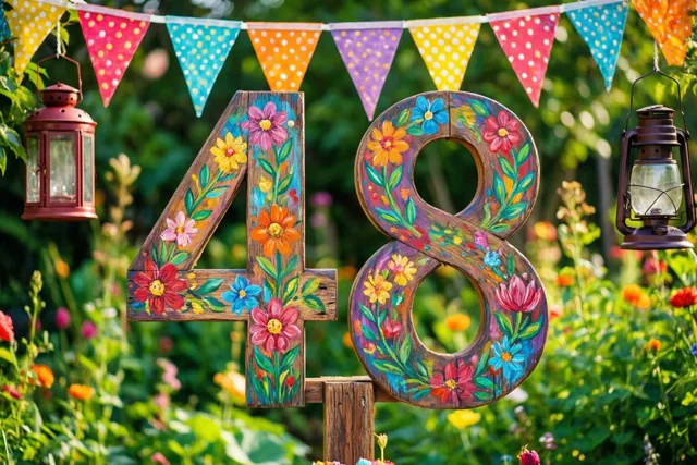 Een groot beschilderd houten bord met 48 staat in een groene tuin met bloemen, kleurrijke vlaggetjes en hangende lantaarns.