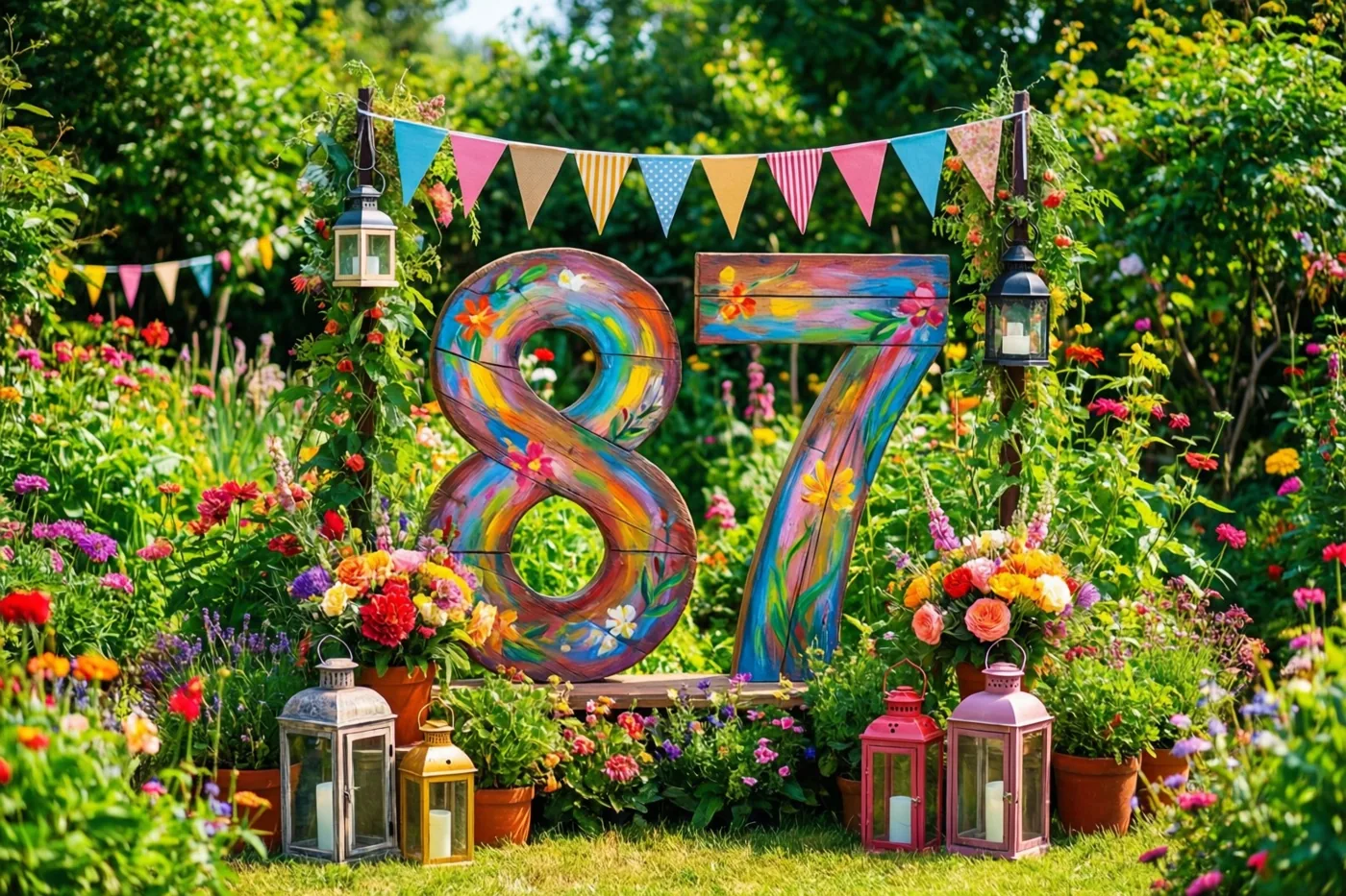 Grote kleurrijk beschilderde houten cijfers vormen 87 in een bloeiende tuin met vlaggenlijnen en lantaarns.