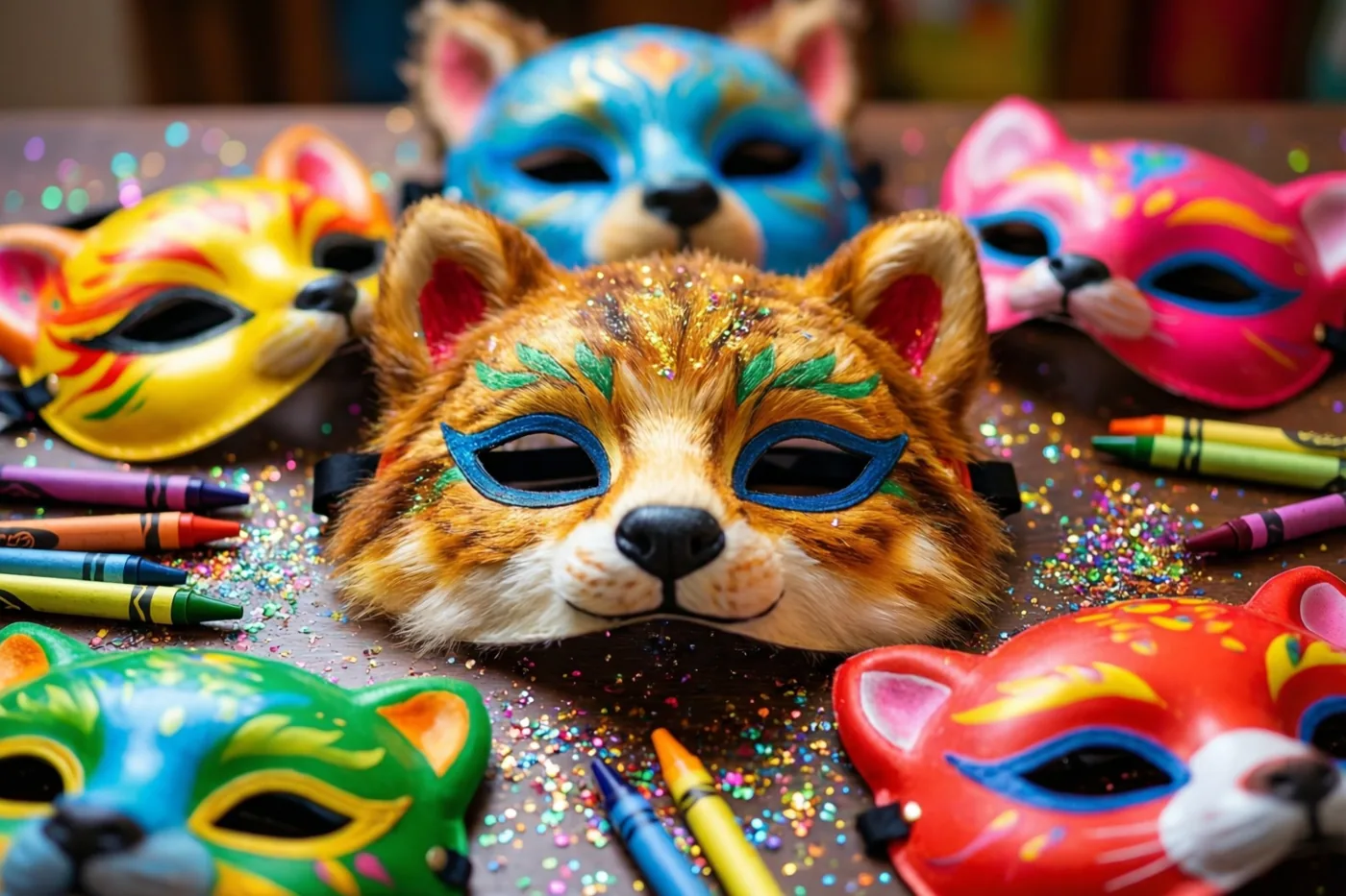 Kleurrijke handbeschilderde dierenmaskers in de vorm van vossen of katten liggen op een tafel tussen verspreide waskrijtjes en glitters.