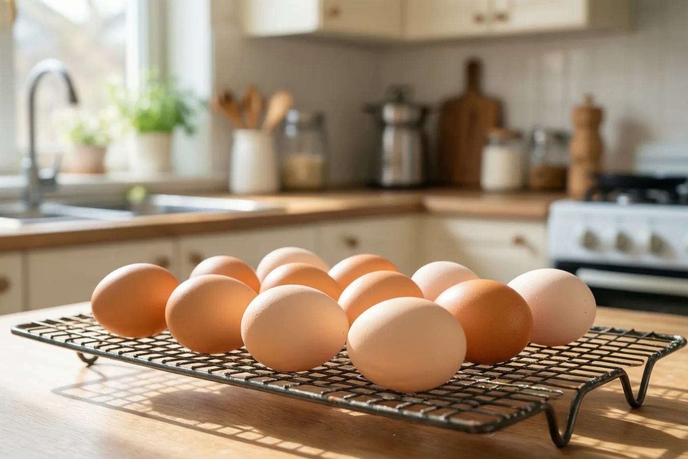 Pas beschilderde eieren liggen op een zwart metalen rek op een houten aanrecht in een zonnige keuken met witte kasten en een spoelbak.