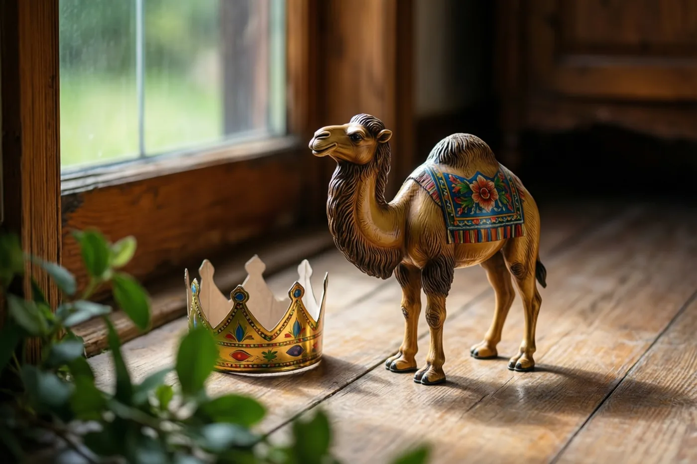 Een beschilderd kameelbeeldje in retrostijl staat naast een versierde papieren kroon op een houten vloer, met daglicht van een raam en groene bladeren op de voorgrond.