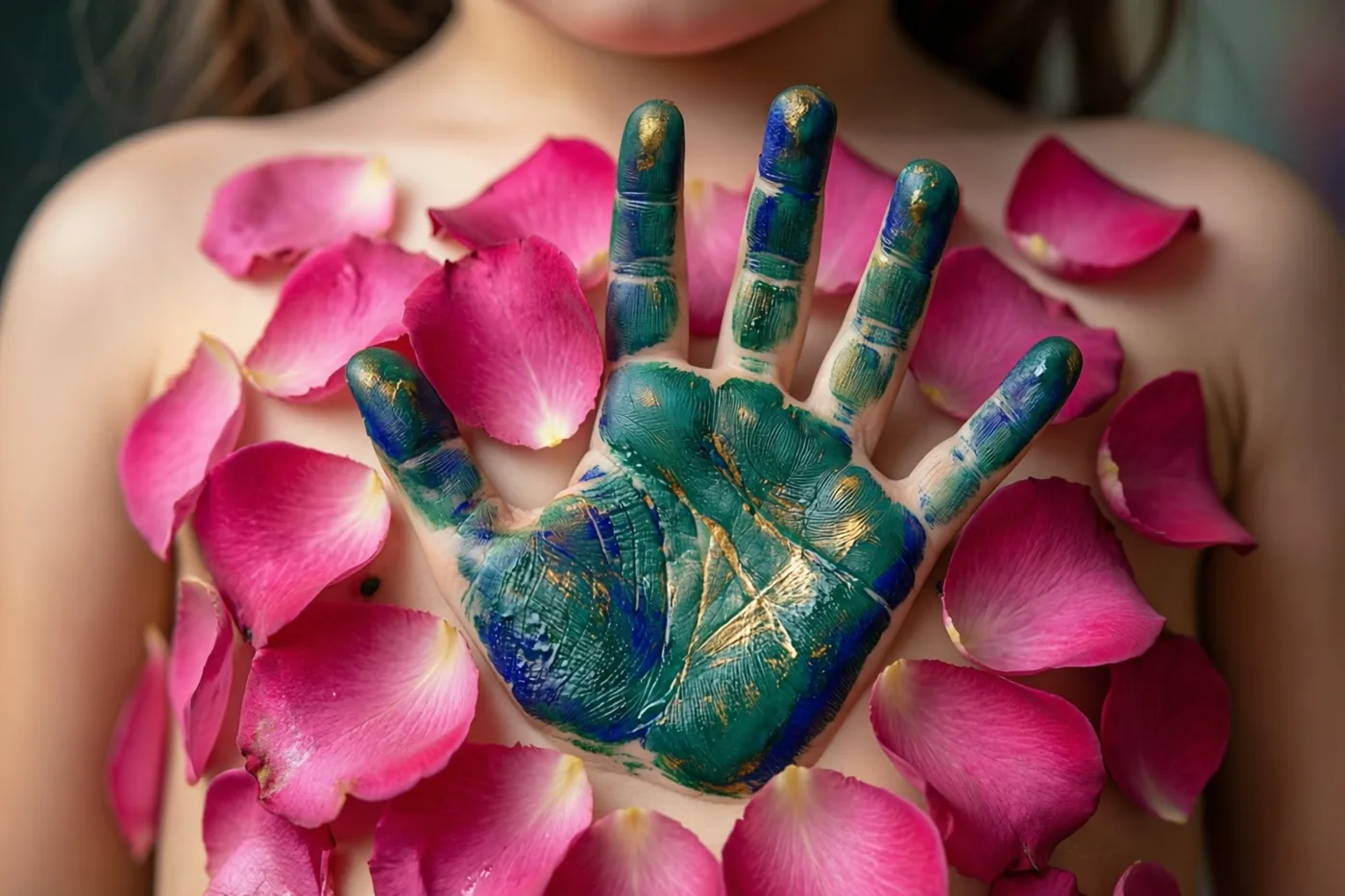 Een kinderhand beschilderd met groen, blauw en goud ligt op een blote borst, omringd door roze rozenblaadjes.