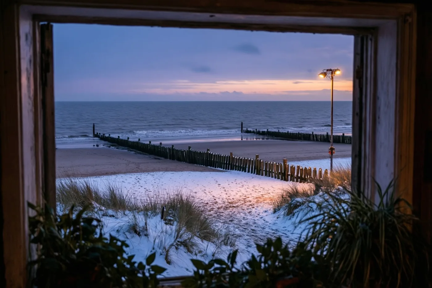 Door een houten raam is een besneeuwd strand met golfbrekers in een grijze zee te zien bij schemering, met een straatlamp en oranje lichtaccenten.