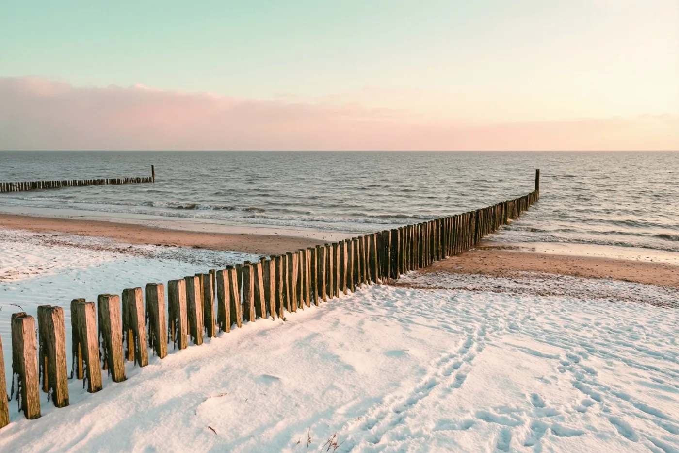 Houten golfbrekers lopen vanaf een besneeuwd strand de grijze zee in, onder een bleke hemel met zacht, warm licht.