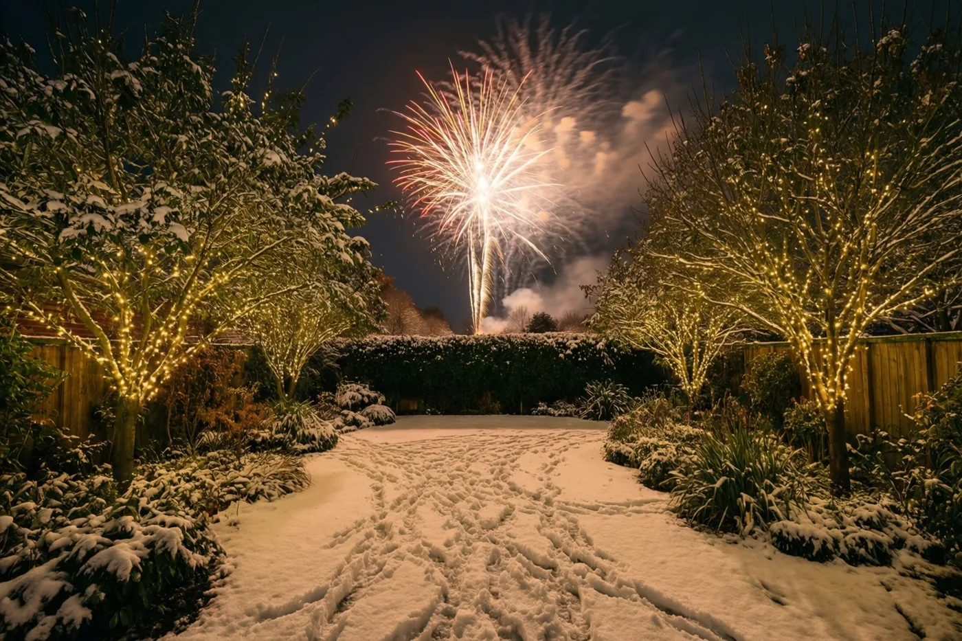 Een besneeuwd tuinpad loopt tussen bomen met warme lichtslingers naar een haag, met helder vuurwerk aan de donkere hemel.