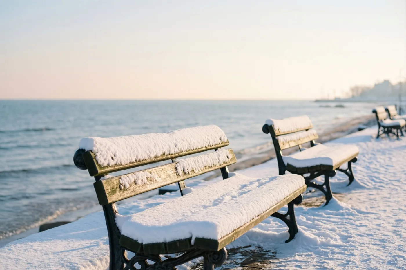 Besneeuwde houten banken staan langs een zeedijk, met de zee tot aan de horizon onder een bleke winterzon.