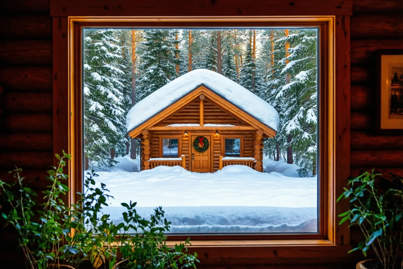 Door een houten raam is een blokhut in diepe sneeuw tussen besneeuwde sparren te zien, met een kerstkrans aan de deur en groene planten in de warm verlichte binnenruimte.