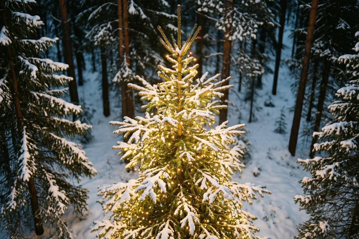 Een besneeuwde den met gouden kerstlichtjes is van bovenaf te zien in een winters bos met blauwe en witte tinten.