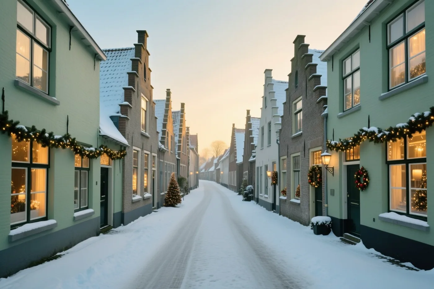 Een besneeuwde straat in een Vlaams dorp is omzoomd door huizen met trapgevels, warm verlichte ramen, kerstslingers en kransen onder een zachte schemerhemel.