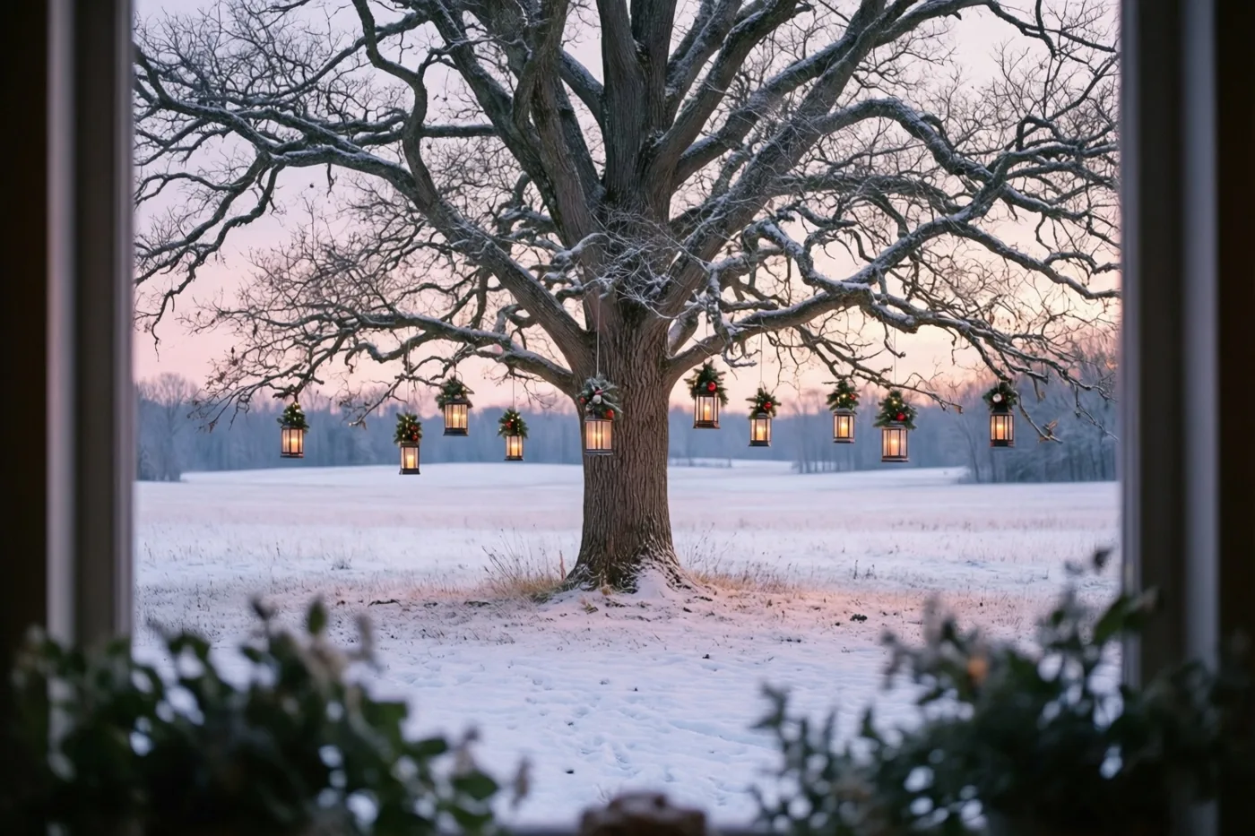 Door een raam is een grote besneeuwde eik met kerstlantaarns aan de onderste takken te zien in een sneeuwveld bij schemering, met onscherp groen op de voorgrond.