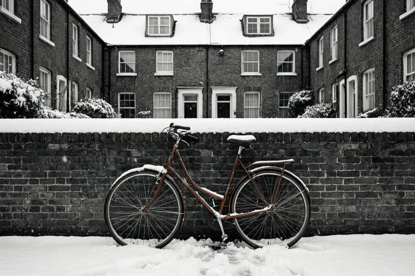 Een oude fiets leunt tegen een besneeuwde bakstenen muur voor een rij huizen, weergegeven in zwart-wit.
