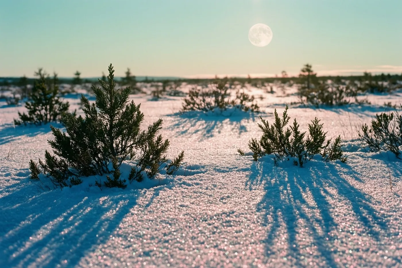 Een uitgestrekte, besneeuwde heide ligt onder een volle maan en een heldere hemel, met jeneverbessen die lange, diepblauwe schaduwen over de glinsterende sneeuw werpen.